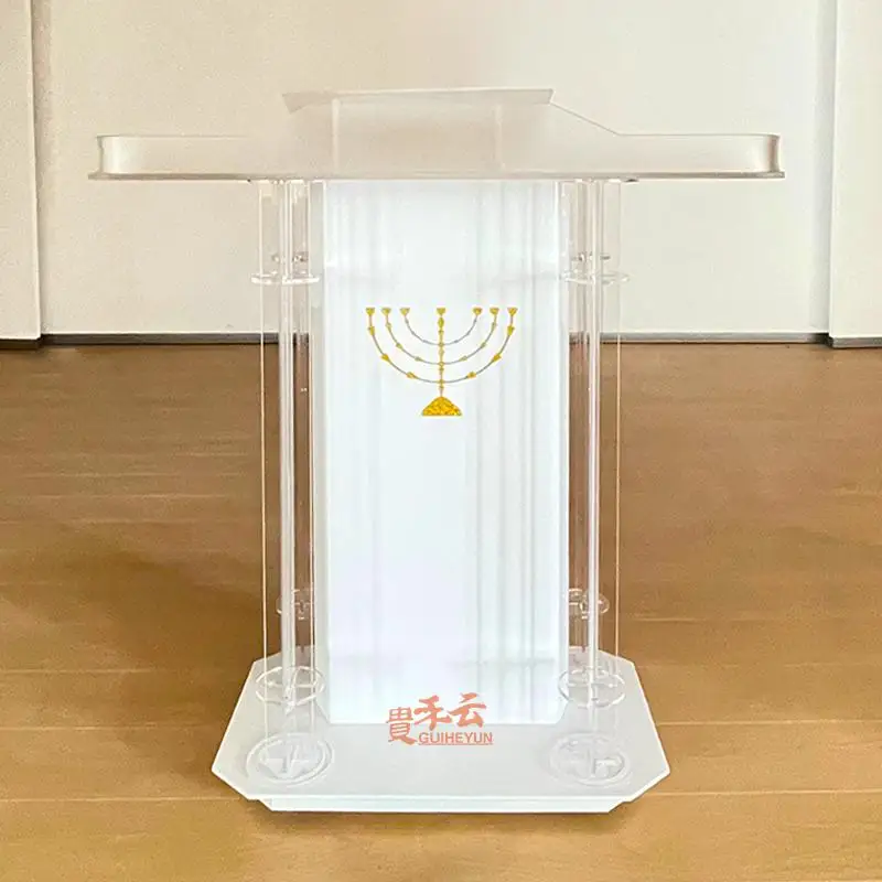 Stylish LED Acrylic Church Podium Clear Acrylicwith Rollers and Vertical Reading Platform for Church Entrance Classroom