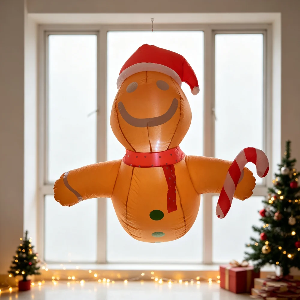 1.2M Christmas Inflatable Gingerbread Man with Santa Hat Candy Cane Built‑in LED Outdoor Window Wall Xmas Holiday Decoration