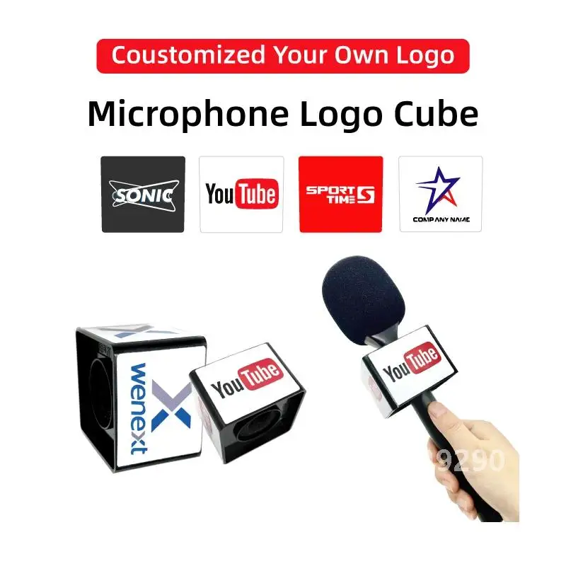 Microphone Customized Logo Flag Station Square Shaped Interview KTV Mic Station Cube ABS Microphone stands interview logo flag