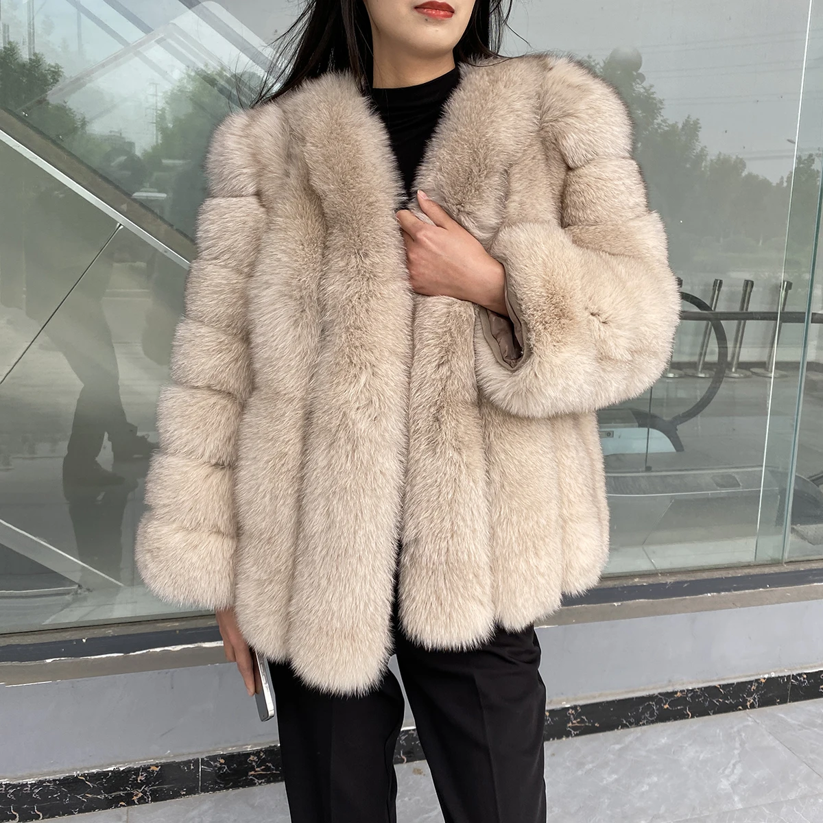 Real Fox Fur Coat Women Winter V-Neck Luxury