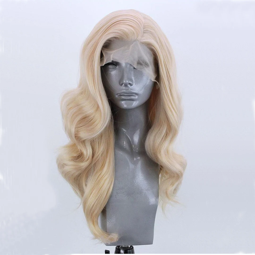 Lange golvende blonde synthetische kant voor vrouwen Gloden Blonde Drag Queen pruik