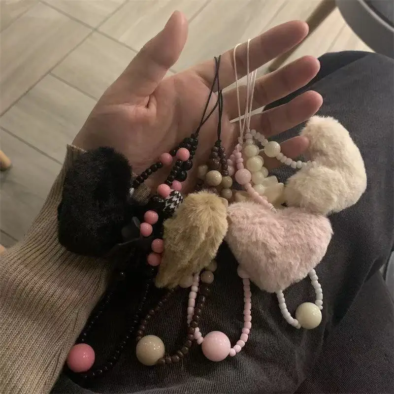 

Autumn and Winter Plush Love Color Contrasting Beads CCD Camera Hanging Rope Phone Case Accessories Pendant Anti Release Rope