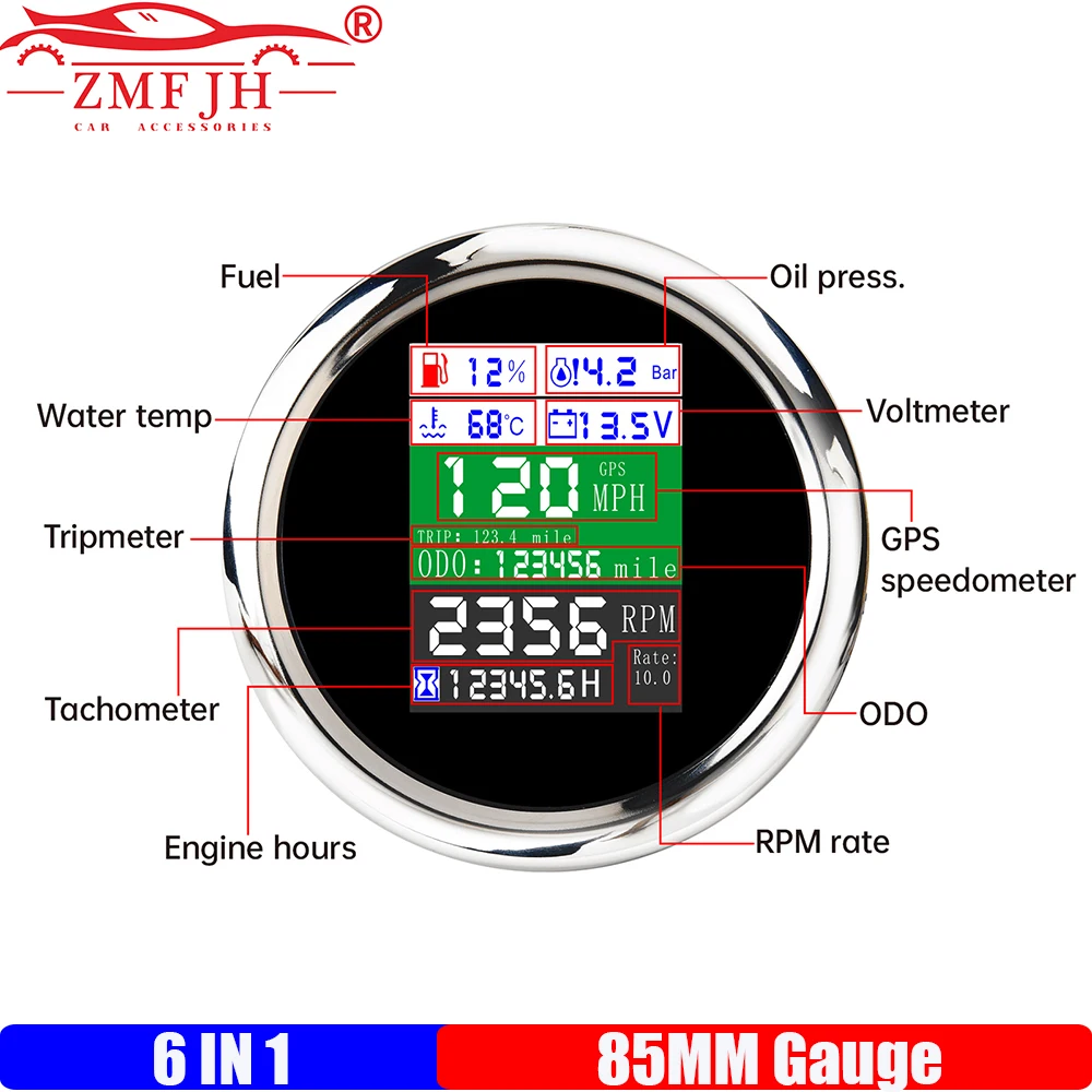 

ZMFJH мультицифровой датчик 85 мм сигнализация 600 кмч GPS спидометр + тахометр + уровень топлива + пресс для масла + температура воды + напряжение для автомобиля, лодки