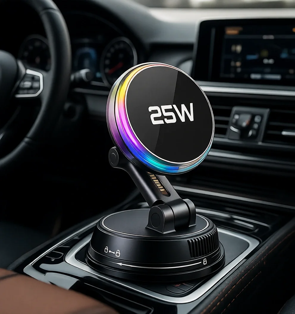 

25W Qi2 Magnetic Wireless Car Charger with Cooling Fan RGB 78LBS Suction 360 Rotation for iPhone