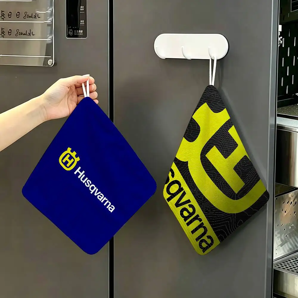 H-Husqvarnas LOGO Hanging Kitchen Towel, Polyester Cotton Material, Wear Resistant Hand Wiping Towel for Home