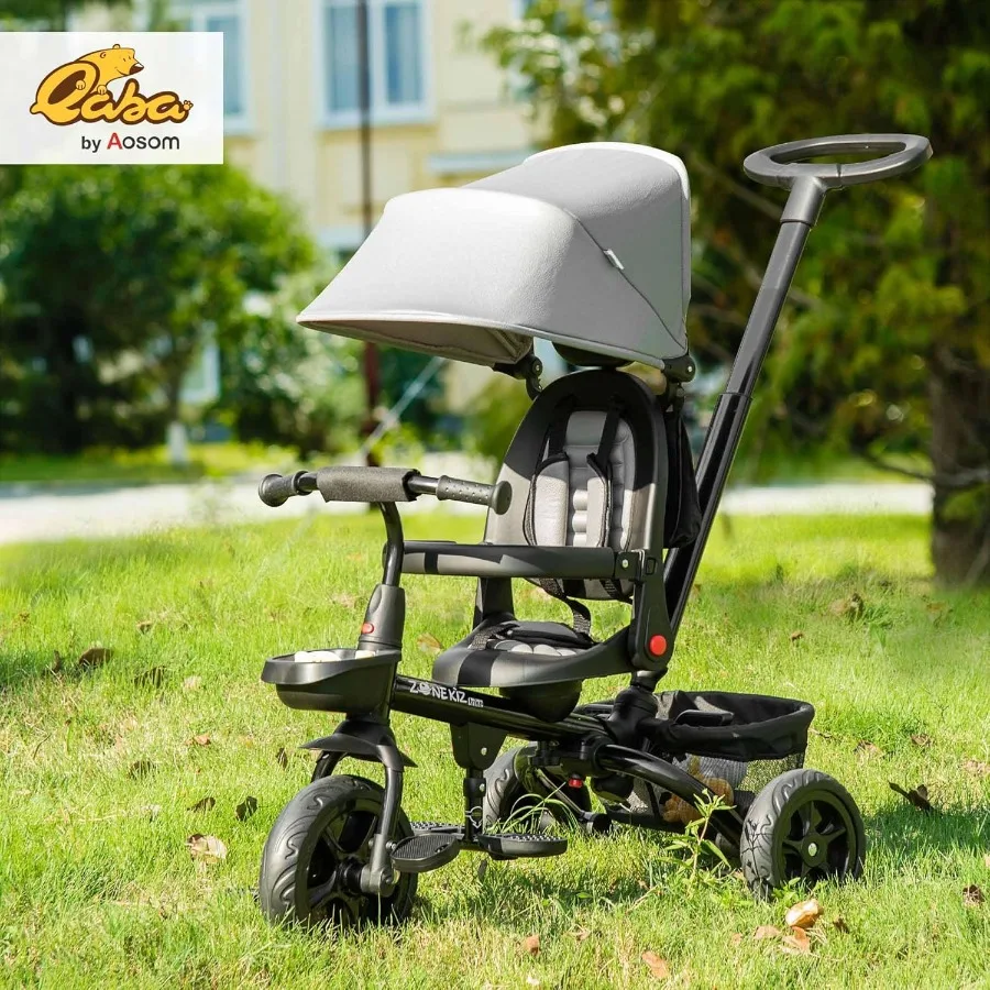 Rowerek trójkołowy 4 w 1 składany z odwracalnym siedziskiem, regulowanym uchwytem dla rodziców, pasami bezpieczeństwa, hamulcami na kołach, odpinanym daszkiem i schowkiem.