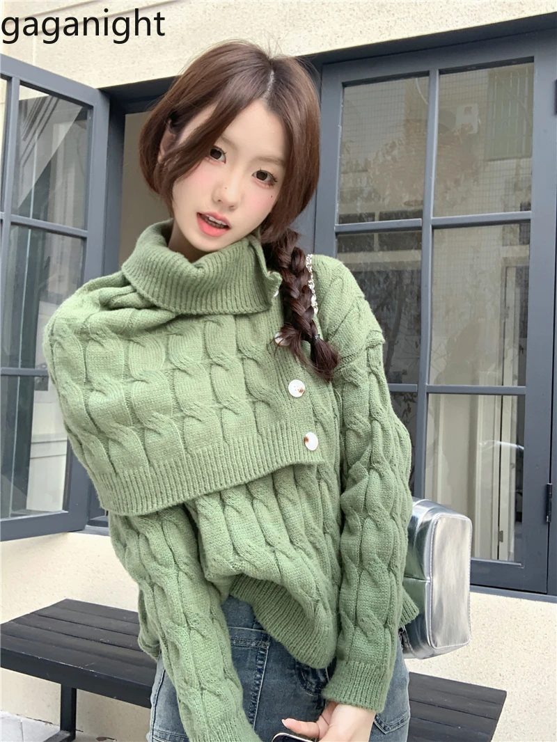 Gaganight Women Retro Lazy Style O neck Fried Dough Twists Knitting Sweater 2024 Autumn Winter Versatile Scarf Two piece Set