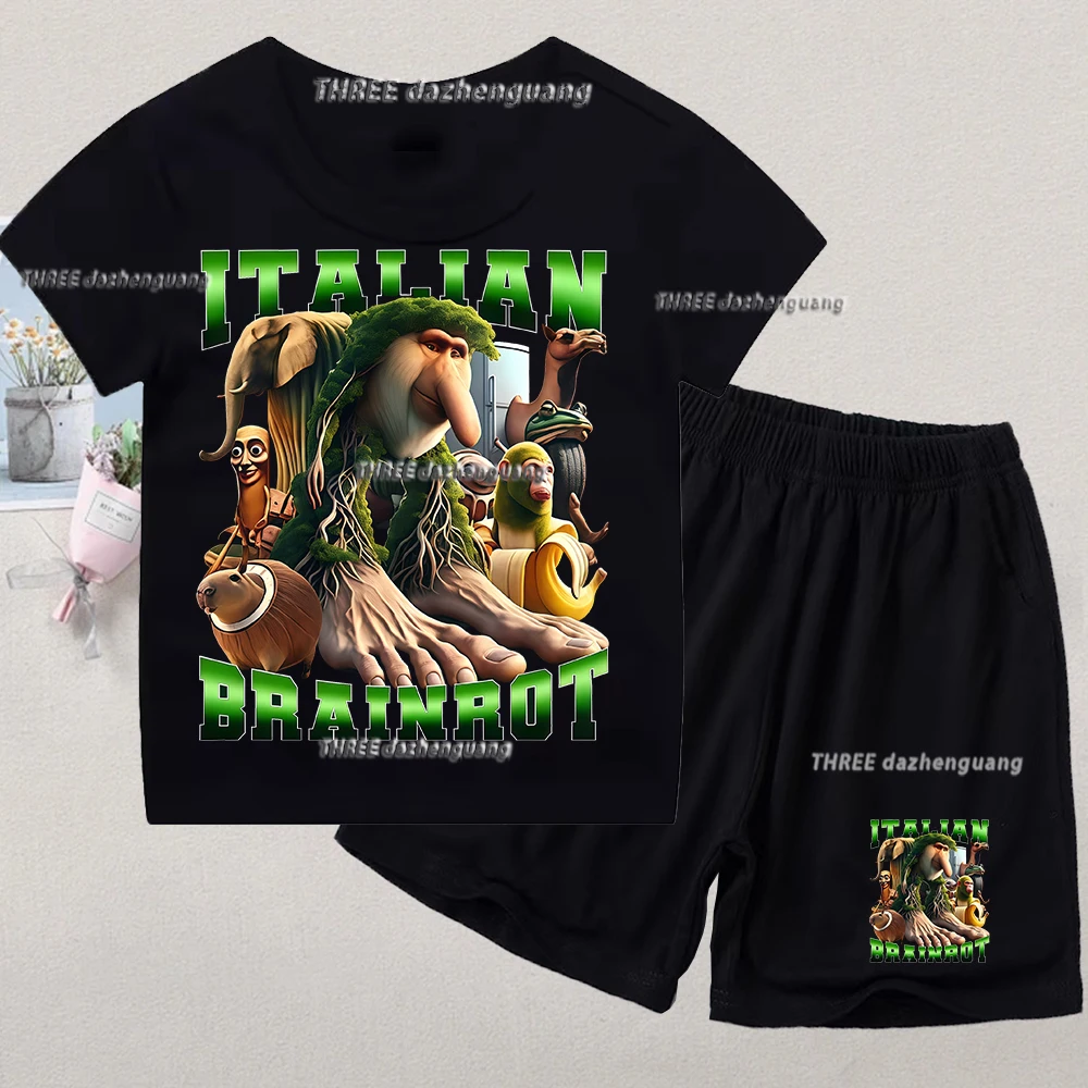 

Итальянский летний детский костюм Tung Sahur: футболка и шорты, хлопок, повседневный принт, модная одежда для мальчиков