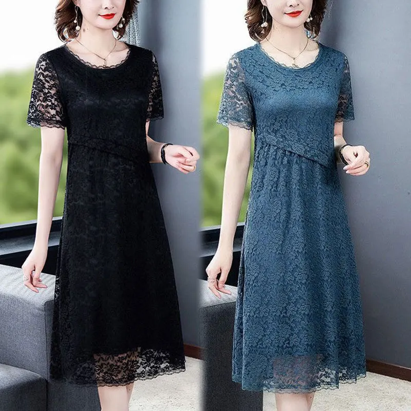 Vintage Lace Hollow Out Midi Dress Summer A-Line Waist Short Sleeve Women\'s Clothing Casual Round Neck Fashion Spliced Dresses