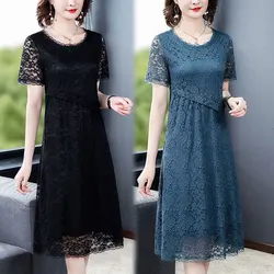 Vintage Lace Hollow Out Midi Dress Summer A-Line Waist Short Sleeve Women's Clothing Casual Round Neck Fashion Spliced Dresses