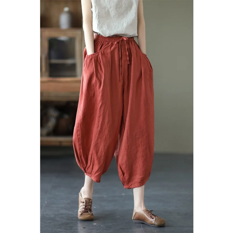 Senhoras moda solta coringa confortável algodão e linho bloomers casual personalidade cintura alta temperamento casual harem calças