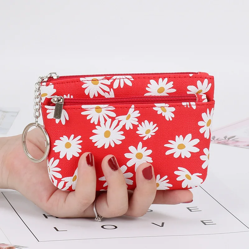 Daisy Print Coin Purse Women Mini Wallets Clutch with Zipper Keychain Small Coin Pouch Bag Female Pouch Key Card Holder Wallet