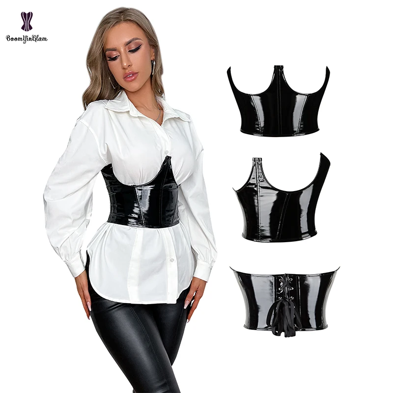 Height 22CM  Waist Cincher  Women\'s PVC Leather Crown Shape Girdle Cupless Bustier 9 Plastic Boned Underbust Corset Crop Top