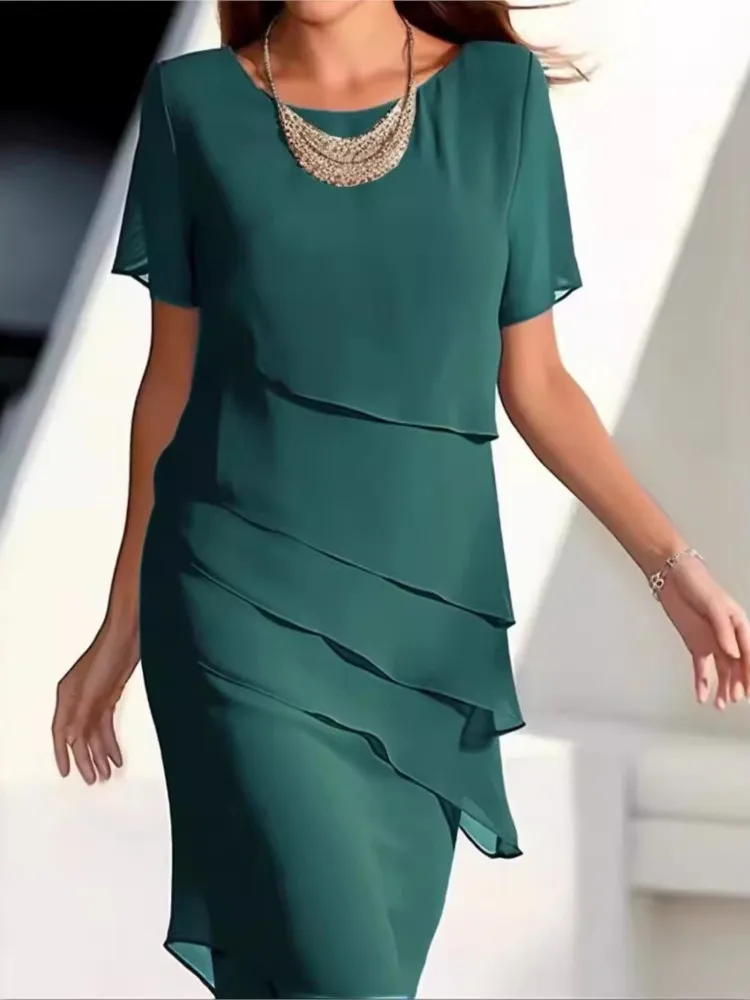 Spring Summer Women\'s New Solid Color Short Sleeved Fashionable Flash Ruffle Edge Round Neck Casual Comfortable Dress