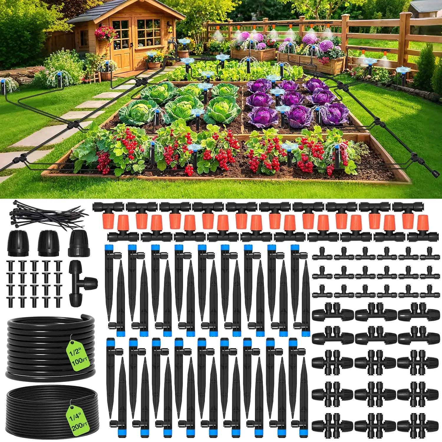 300FT Drip Irrigation System Kit - Automatic Garden Watering with 100FT 1/2" & 200FT 1/4" Tubing, Adjustable Emitters for Greenhouse, Lawn, Raised Beds