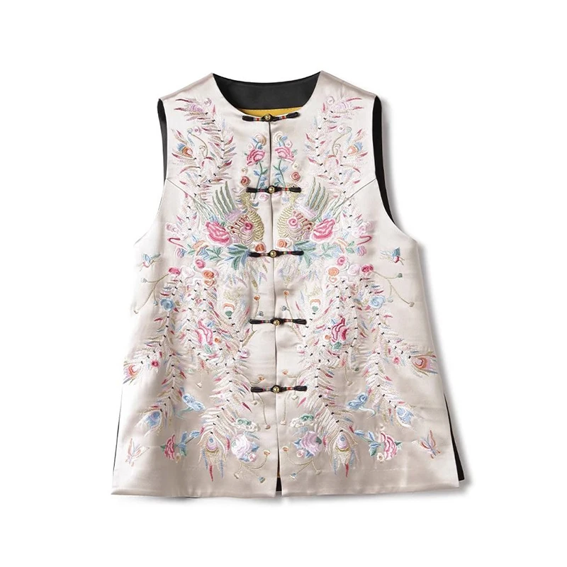 الأزهار التطريز سترة المرأة بلا أكمام المطرزة الرجعية القمم النمط الصيني العرقية خمر تانغ سترة