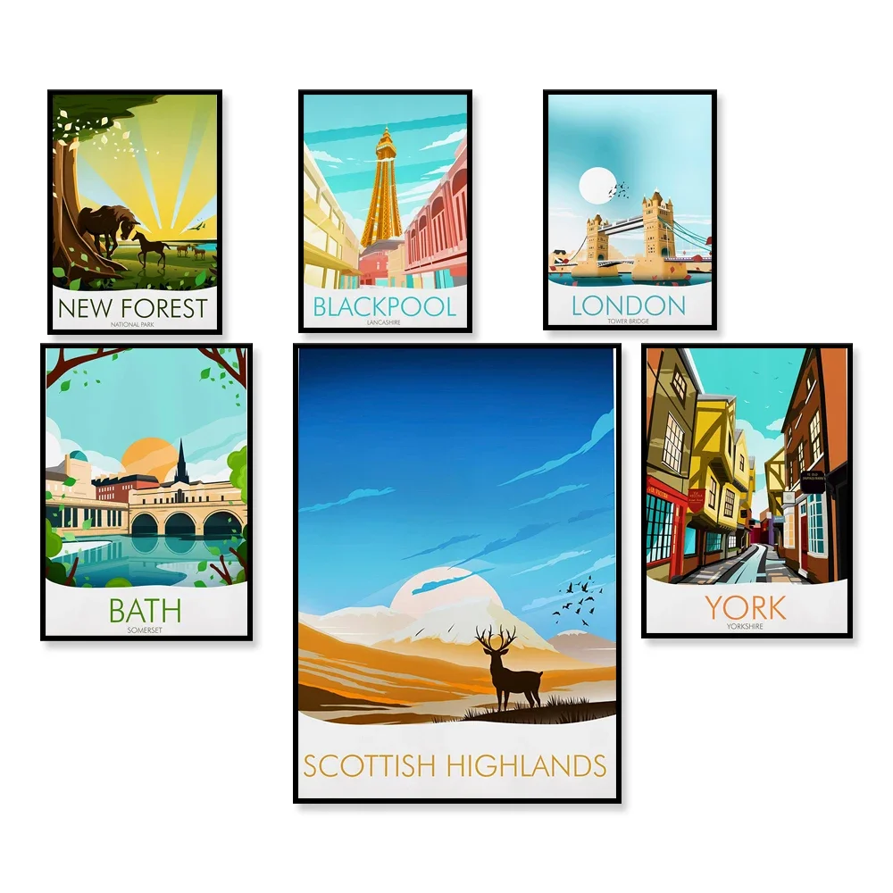Glencoe, Ventnor White Island, Alum Bay, Baspulteney Bridge, Northumberland Beadnell Bay, Traditional Blackpool travel poster