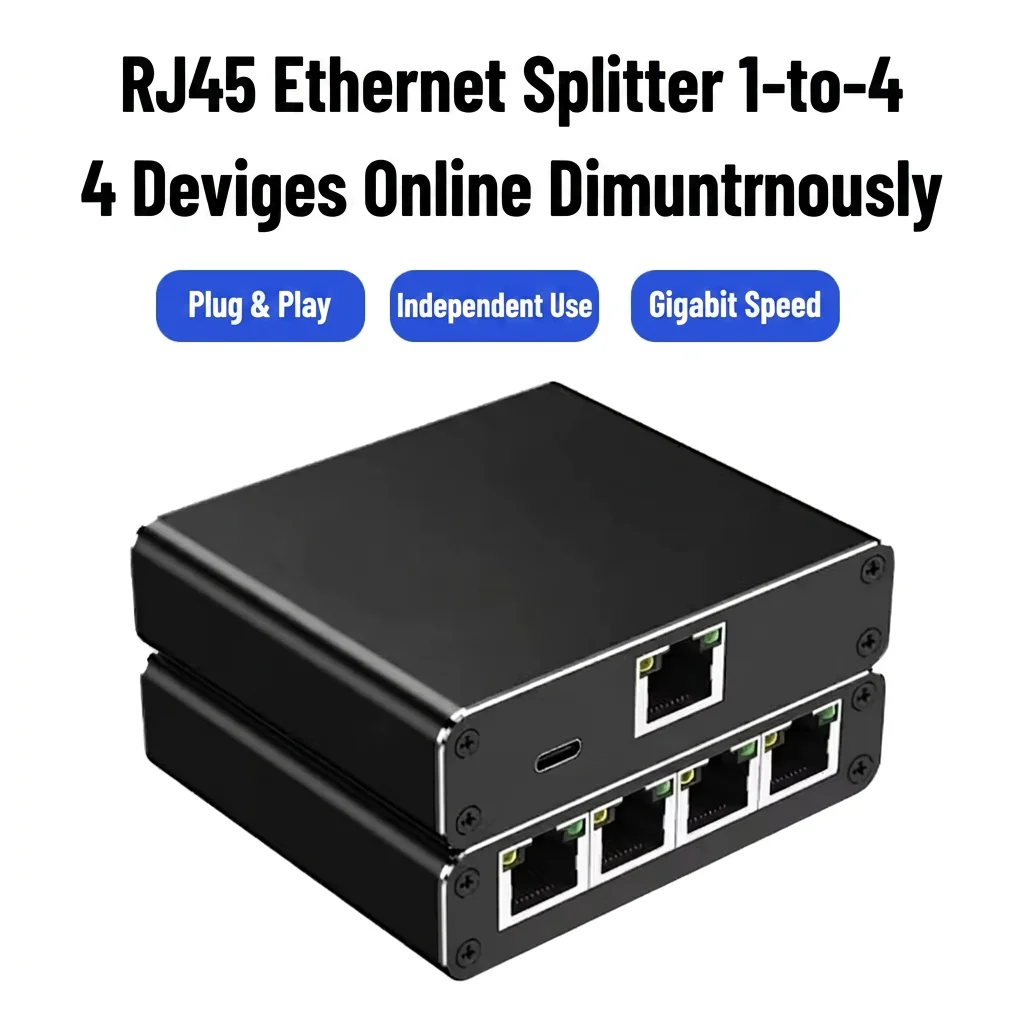 1000Mbps Gigabit Ethernet Splitter 1 to 4 Simultaneous Online RJ45 Active Hub with USB-C Power Port Aluminum Network Splitter
