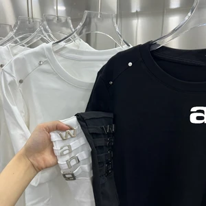 Der Wattestäbebrief der Frauen, ein hohes elastisches T-Shirt, lange Ärmel, Schwarz und Weiß, Y2K-Kleidung, Sommer, 2022 12 Hauptverkäufe des Krupped White Gloss - №7