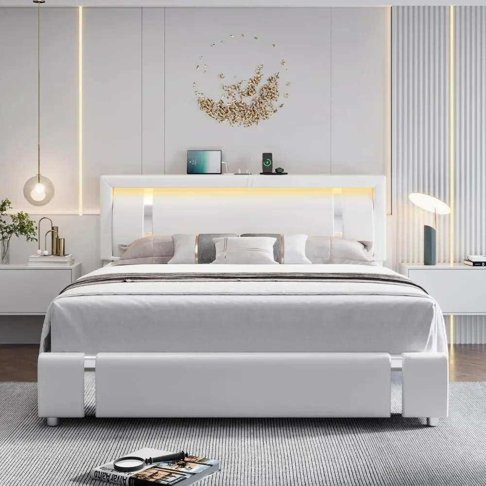 Quadro moderno estofado do falso couro cama, plataforma inteligente, Iron Metal Decor, USB C Portas de carregamento, No Box Spring Needed, cama queen