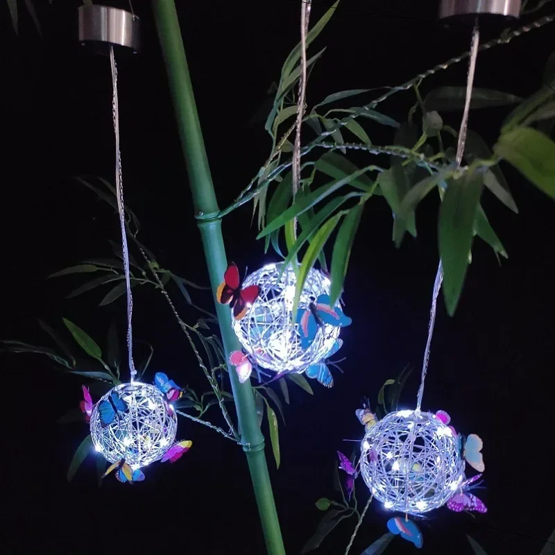 Garden Hanging Solar Light Round Ball Light With Butterfly Waterproof Metal Weaving Hanging Lamp Home Decorative Nightlight