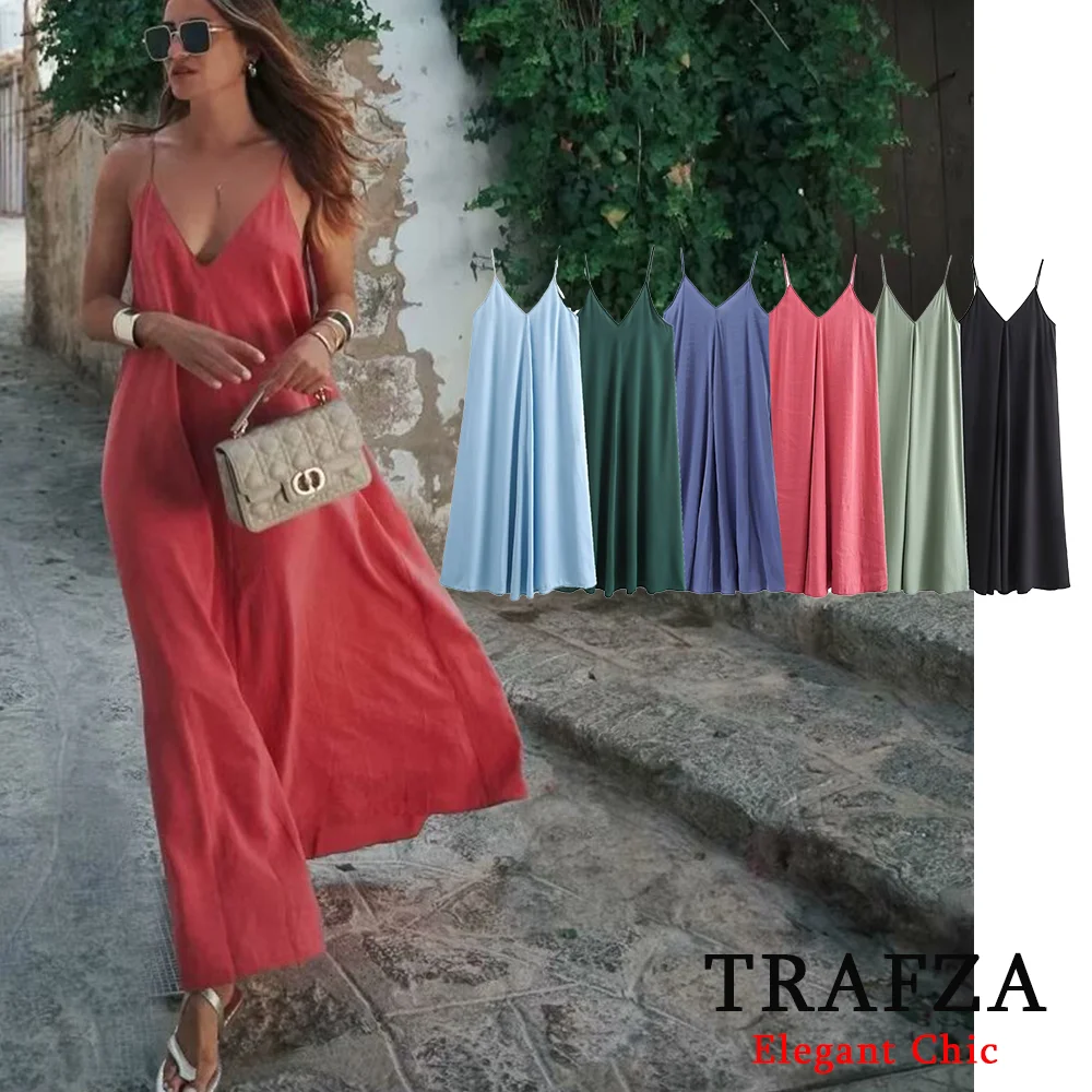 TRAFZA-vestido halter sólido para mulheres, vestido Midi, festa na praia, feriado, vestido de noite, feriado vintage, flutter, moda vintage, verão, 2024