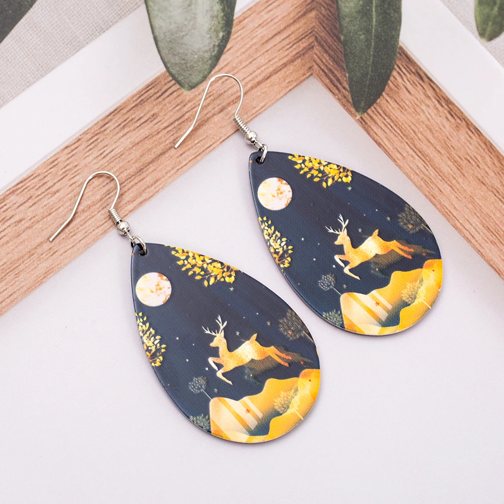 Water Drop Acrylic Earrings For Women Vintage Trend 2026 Auspicious Style Gold Color Deer Pattern Daily Wear Lightweight Jewelry