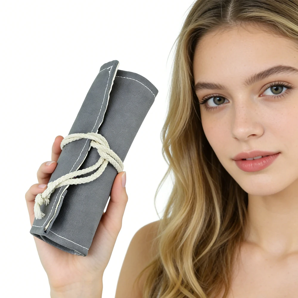 Handmade Canvas 12 Slot Roll Up Pencil Case, Artist Brush Roll Organizer for Colored Pencils Portable Travel Art Storage Bag