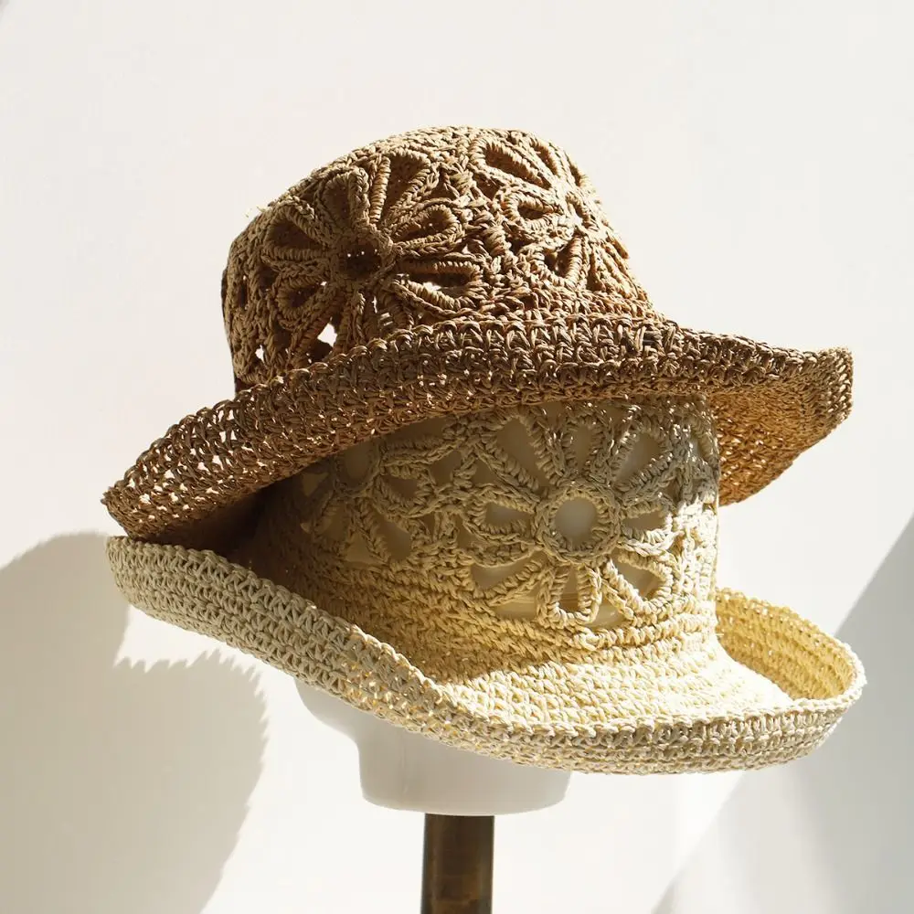 Flower Handmade Hand-woven Straw Hat Simple Design Breathable Fisherman Hat UV Protection Straw Material Panama Straw Hat Summer