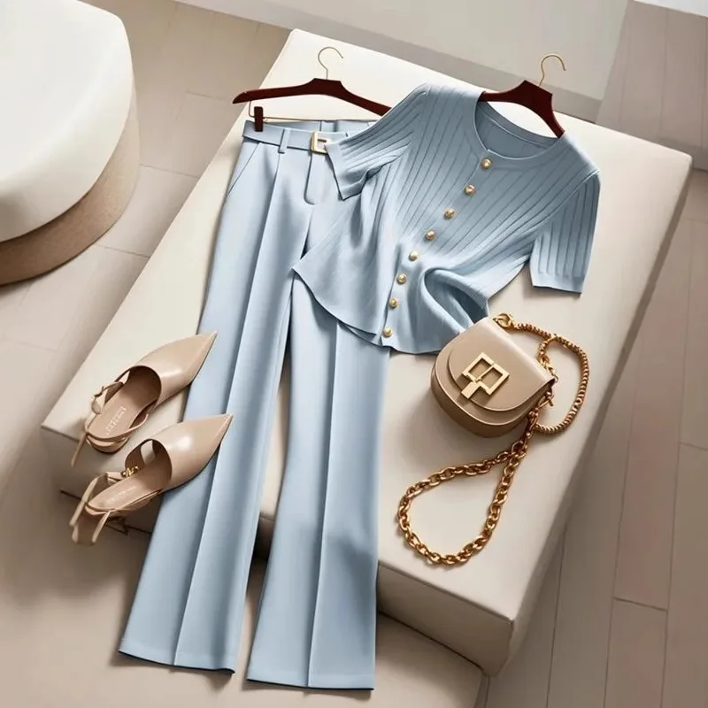 Spring and summer Korean version new fashionable short sleeved T-shirt+micro flared pants two-piece set