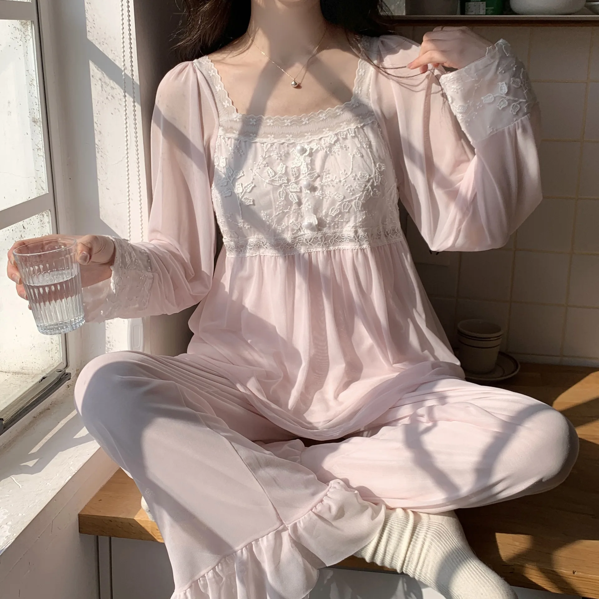 2024 Spring New 2PCS Pajamas Set French Court Style Princess Sleepwear Pijamas Suit Loose Modal Embroider Home Clothes