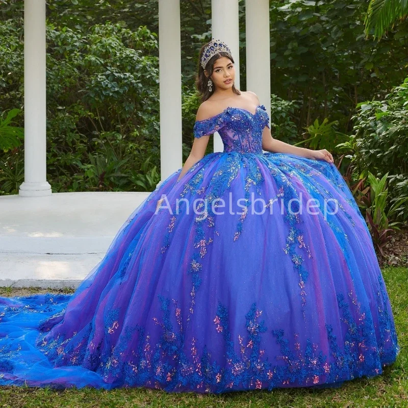 

Angelsbride Blue Princess Off Shoulder Quinnceanera Dress Ball Gown Glitter Tulle Beading Brithday Party Vestidos De 15 Anos