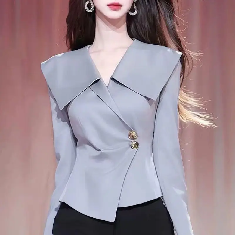 Ladies Fashion All-match Buttons Solid Color Long Sleeve Blouse Autumn Simplicity Irregular V-neck Shirts Women Clothing Top Tee