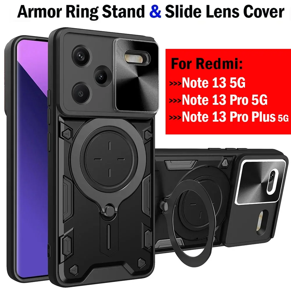 Armor Funda for Redmi Note 13 Pro Plus 5G Case Slide Camera Lens Magnetic Ring Stand Cover for Xiaomi Redmi Note 13 Pro 5G Capa