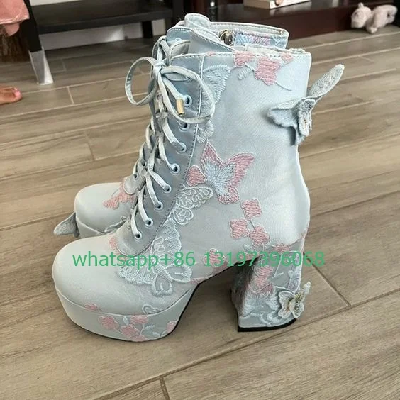 Lady blue 3D butterfly deisgn ankle boots lace-up Mary Janes shoes chunky heel stain lace platform boots elegant Y2K style boots