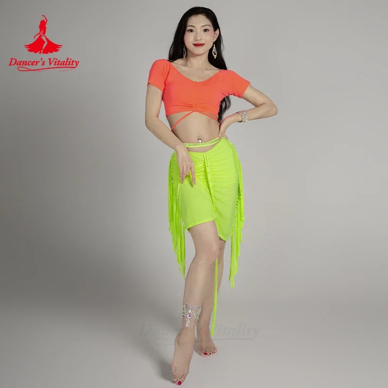 Belly Dancing Costume Set V-neck Short Sleeved Top+sexy Tassel Skirt 2pcs Girls\' Oriental Dance Professional Training Clothes