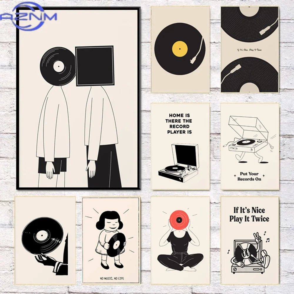 Abstract Simple Black and White Music Vinyl Record Poster Wall Sticker Bedroom Living Room Home Decoration Frameless Painting