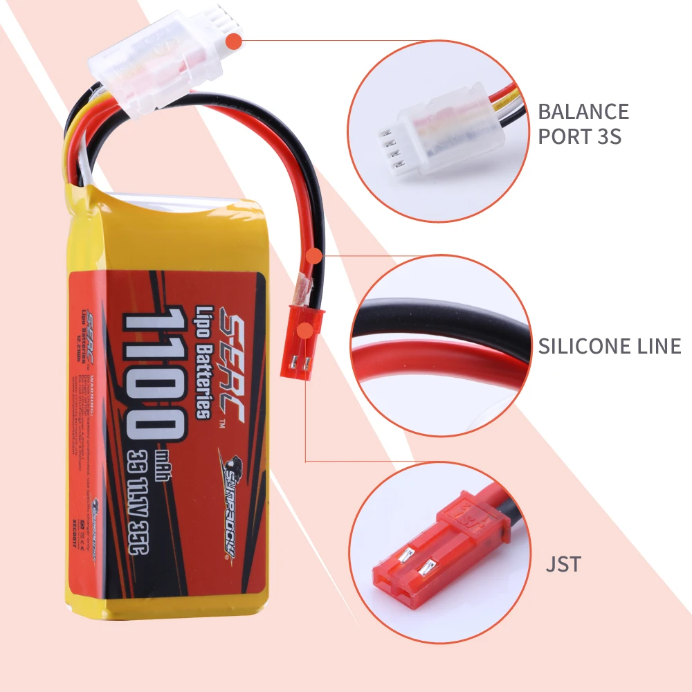 Sunpadow 3S Lipo Battery for 11.1V 1100mAh 1350mAh 25C 35C JST XT30 Plug Soft Pack RC Airplane Quadcopter Helicopter Drone FPV