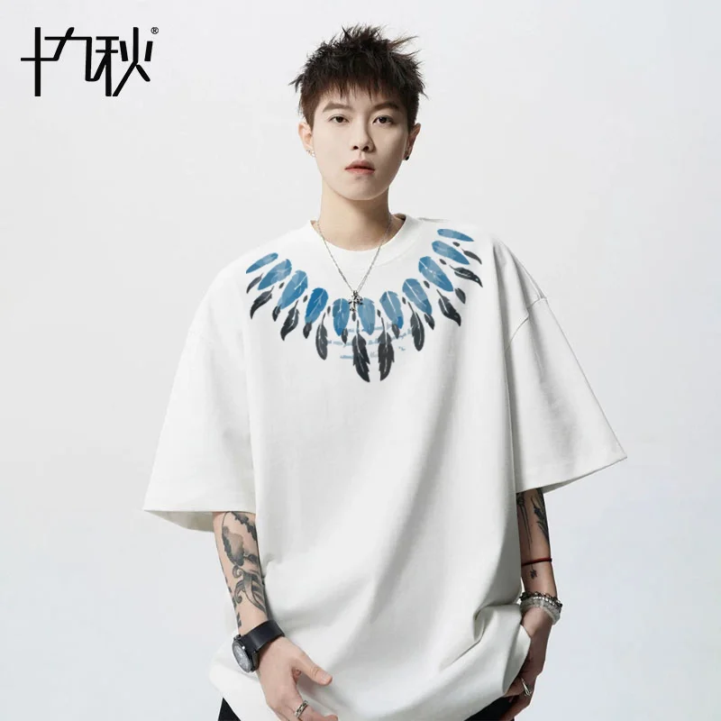 

Новая модная мужская базовая рубашка из чистого хлопка с короткими рукавами и принтом перьев