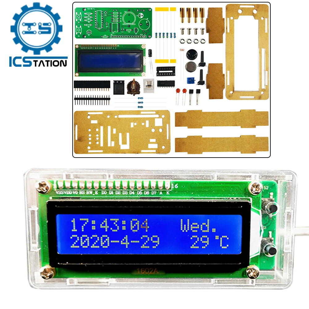 DIY Electronic Clock Kit LCD Temperature Display Perpetual Calendar Alarm Clock DS3231 Component Soldering Project Practice