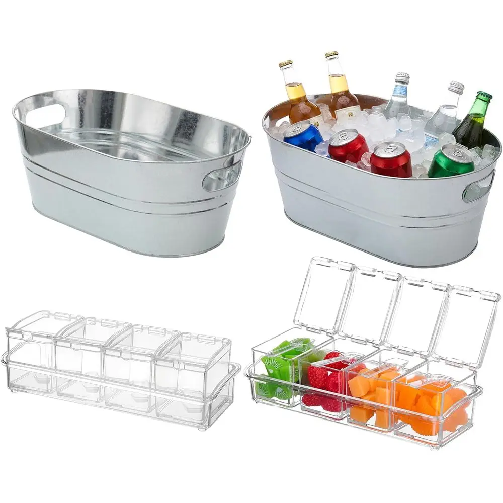 

2 шт. 4-галонные оцинкованные металлические ведра для льда, большое металлическое ведро для напитков, 2 шт., Caddy для приправ, прозрачные 4 сравнения с крышкой и ложкой