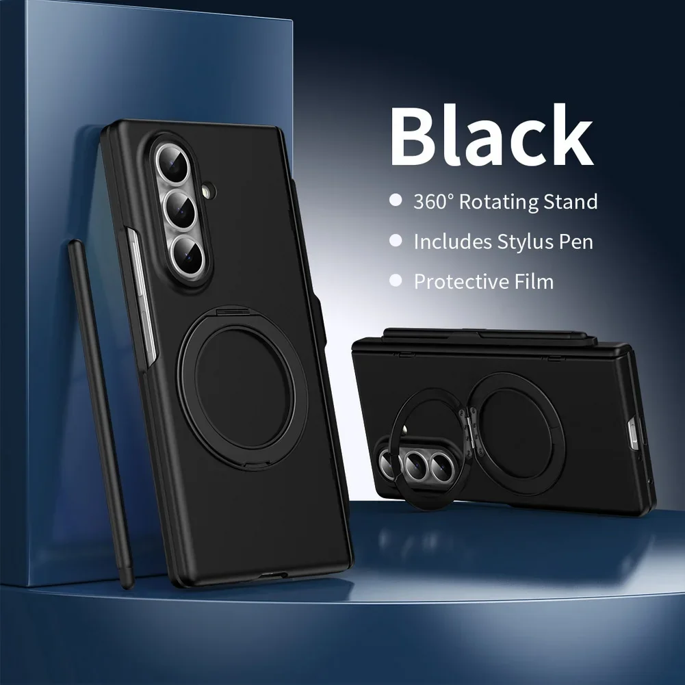 For Samsung Galaxy Z Fold 7 6 5 4 3 Case Magnetic Rotating Bracke Folding Hinge Pen Slot With Tempered Film Shockproof Hard Case