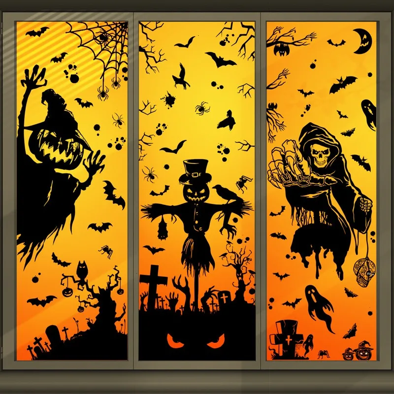 

Halloween Large Skull Pumpkin Sticker Ghost Festival Witch Demon Bat Glass Wall Sticker Trick or Treat Happy Halloween Party