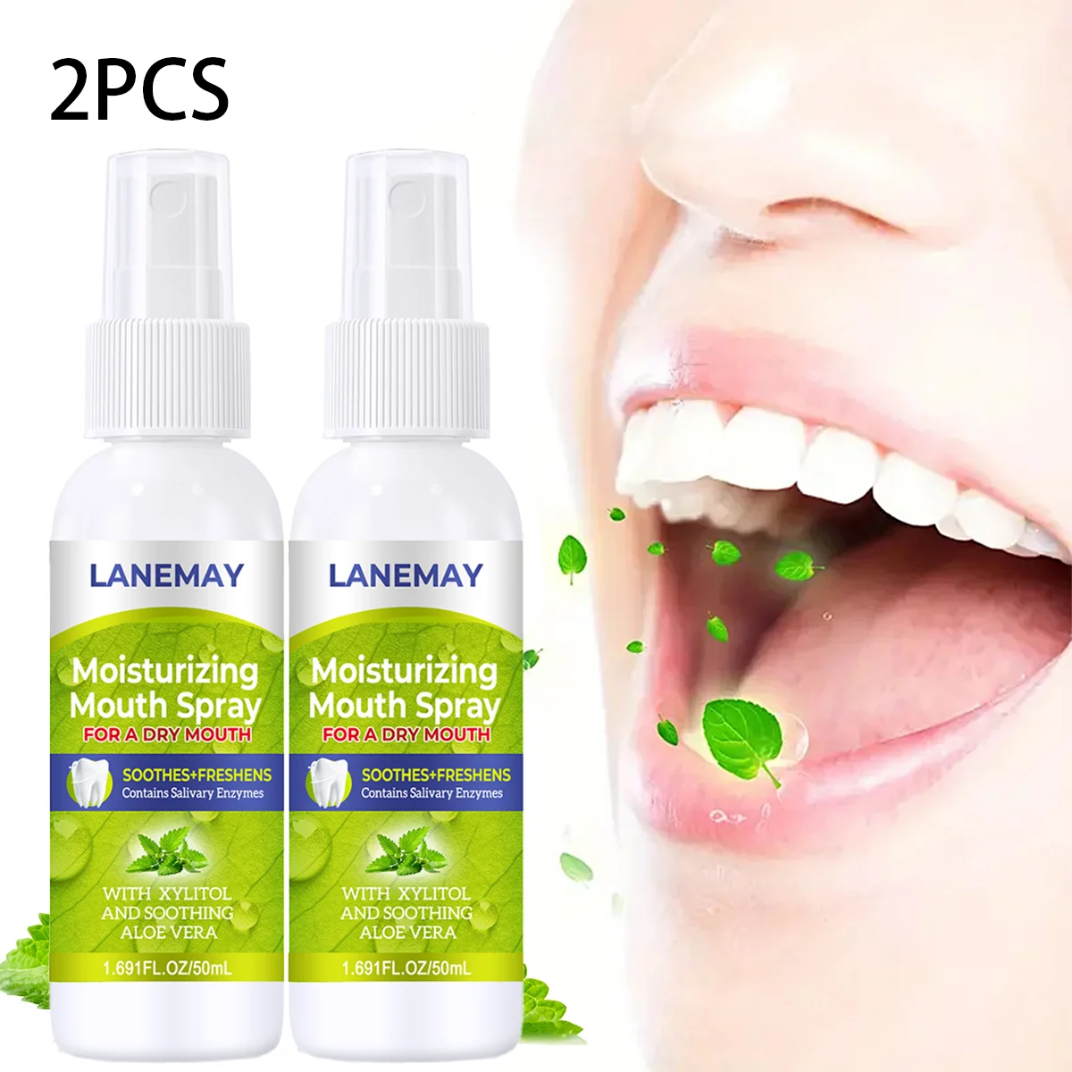 2PCS Moisturizing Mouth Spray for Dry Mouth – Mint Flavor with Xylitol & Aloe Vera, Soothes, Freshens Breath.