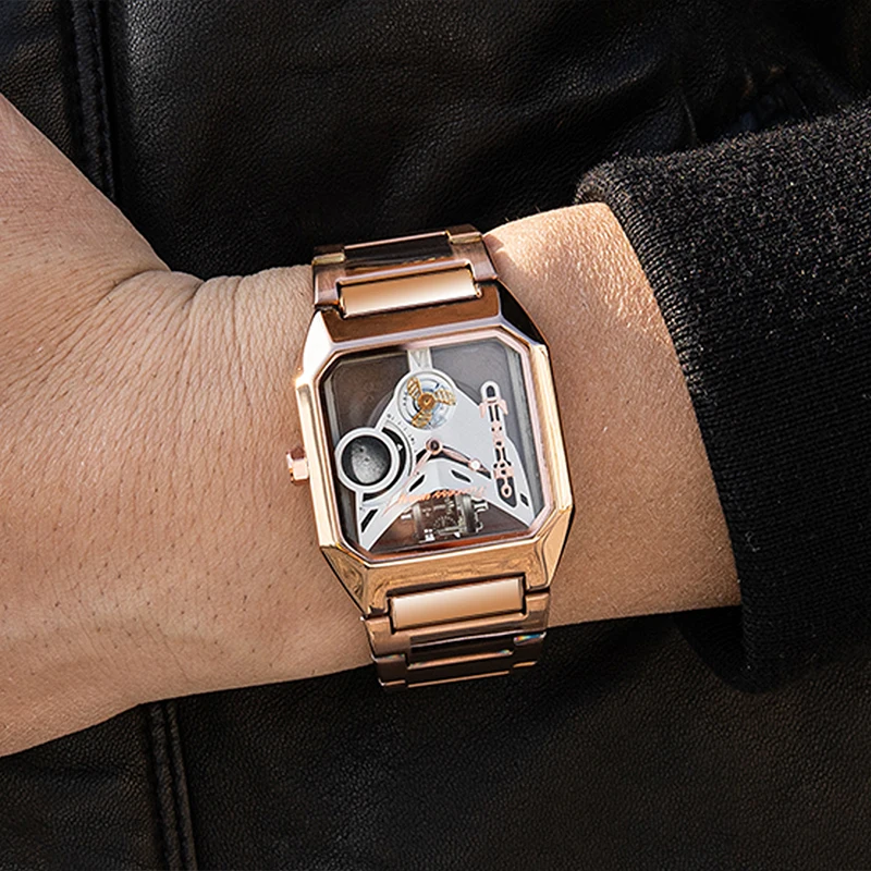 Skeleton Hollow Men Quartz Watches Luxury Steampunk Rose Gold Watch Stainless Steel Male Transparent Dial Mechanical Style Clock