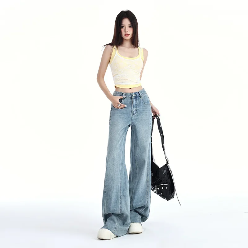 

Jeans Wide Leg Pants Women Straight Trousers Vintage High Waist Washed Distressed Pockets 2025 Streetwear Denim Floor Length