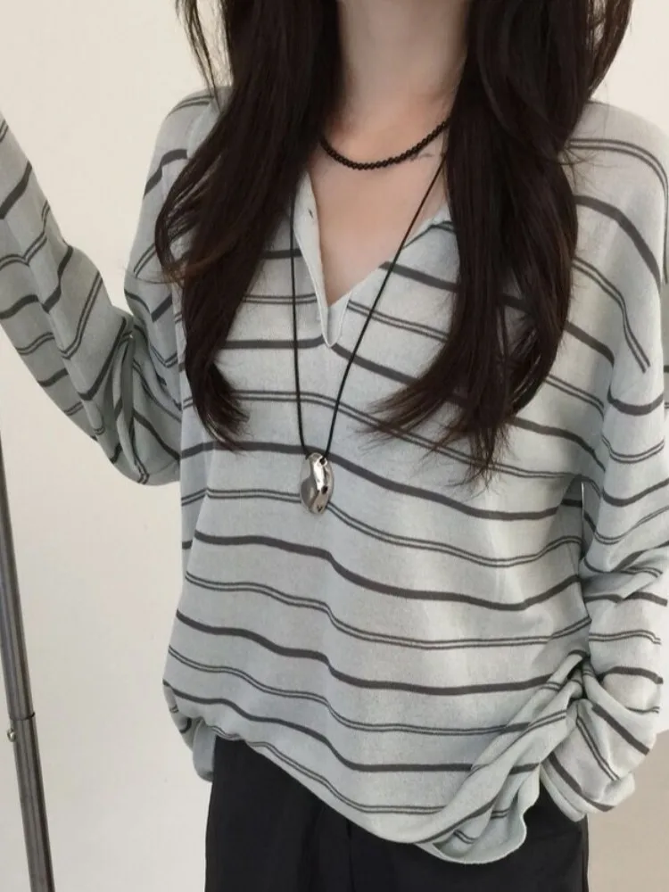 

Anti-Aging Ne Striped Sun Protection Knitted Top Women's Summer New Lazy Sle Color Blo Thin irt for Ladies
