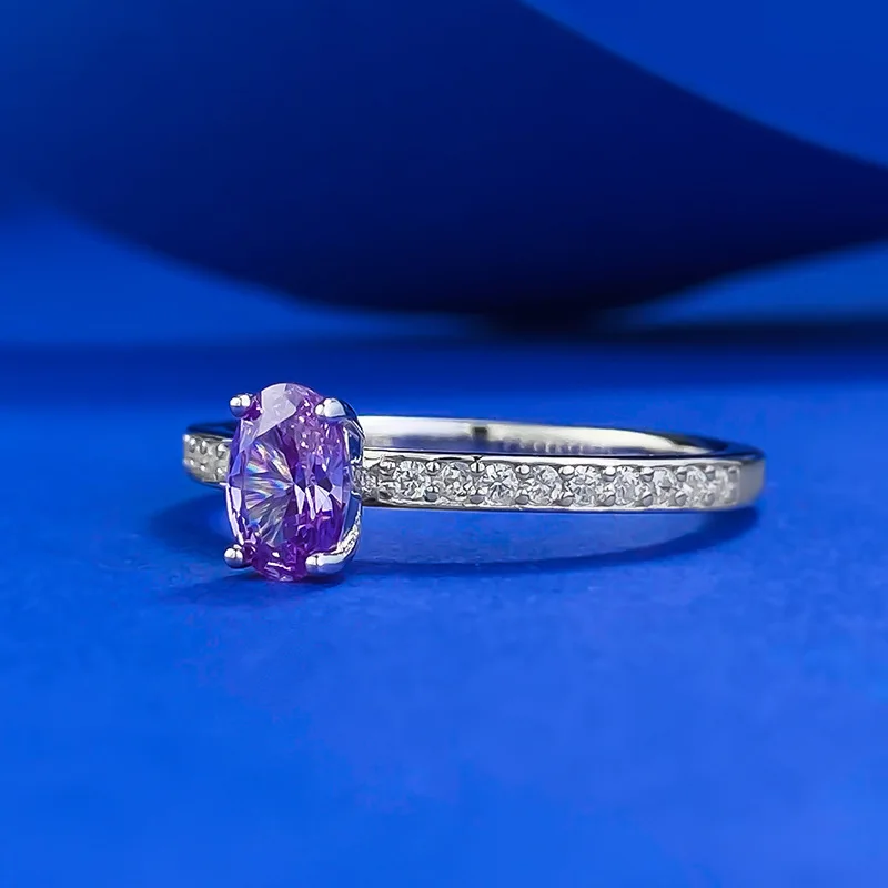 Purple High Carbon Diamond Ring with S925 Inlaid 4 * 6mm Live Broadcast Light Luxury Women's Ring