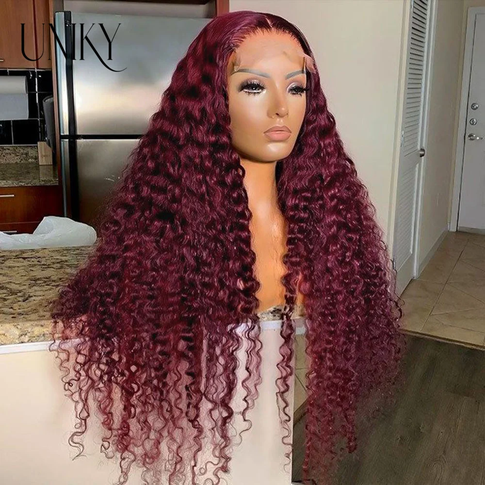 

99J Burgundy Deep Wave 12A Lace Frontal Human Hair Wig For Women Glueless Transparent Human Hair Lace Frontal Wig Pre Plucked