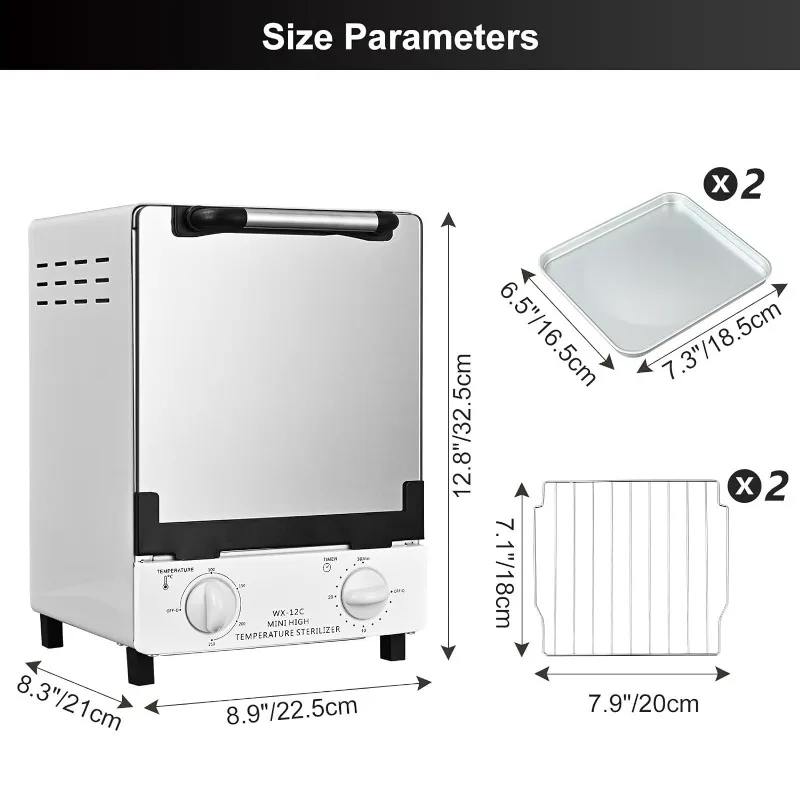 Caja de limpieza de alta temperatura, temporizador de caja seca de alta temperatura multifuncional de 12L con 2 bandejas de acero inoxidable para herramientas de uñas,